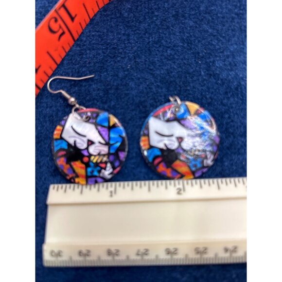 Vintage Hand-Painted Shell Necklace & Earrings happy cat Romero Britton - Picture 7 of 8